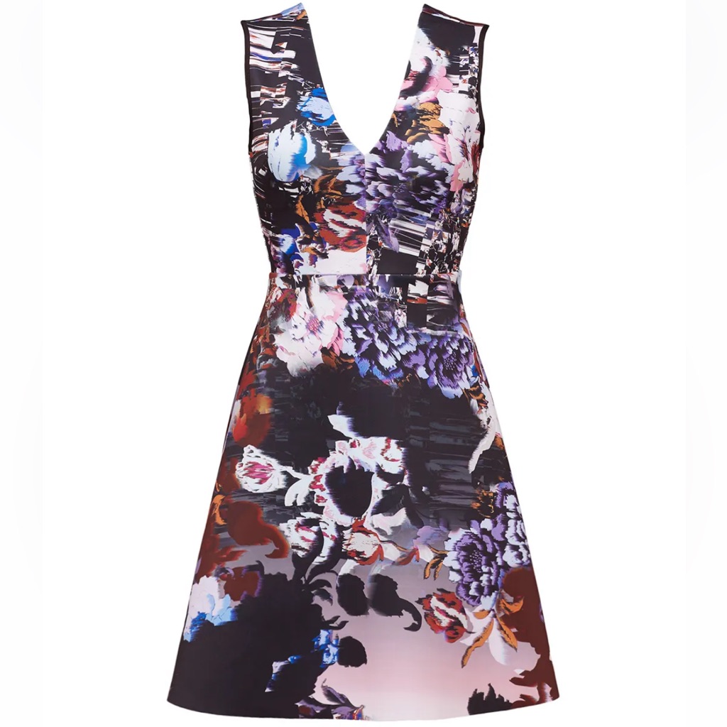 Sleeveless V-Neck Floral A-Line Dress - Black Multi